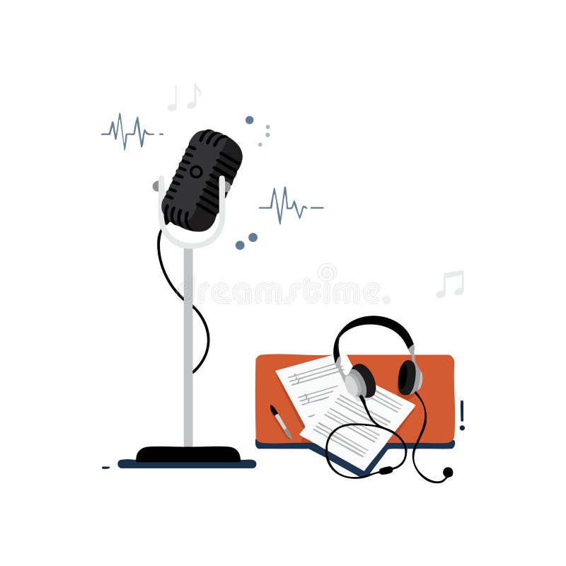 Microfono vintage con cuffie e note podcast per la registrazione vettoriale illustrazione vettoriale