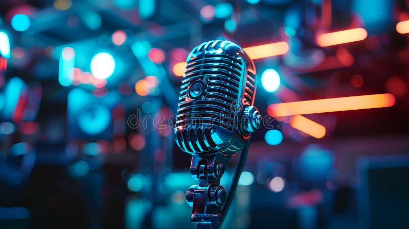 Microfonul de epocă pe fază ușoară, incoloră. echipamente audio retroactive esențiale pentru difuzarea de emisiuni muzicale în clu stock illustration