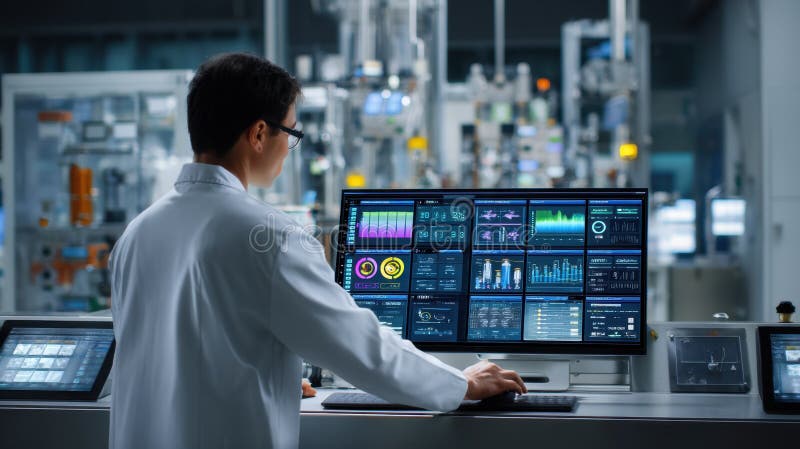 Microled production engineer monitoring real time data analytics on control panel vector illustration