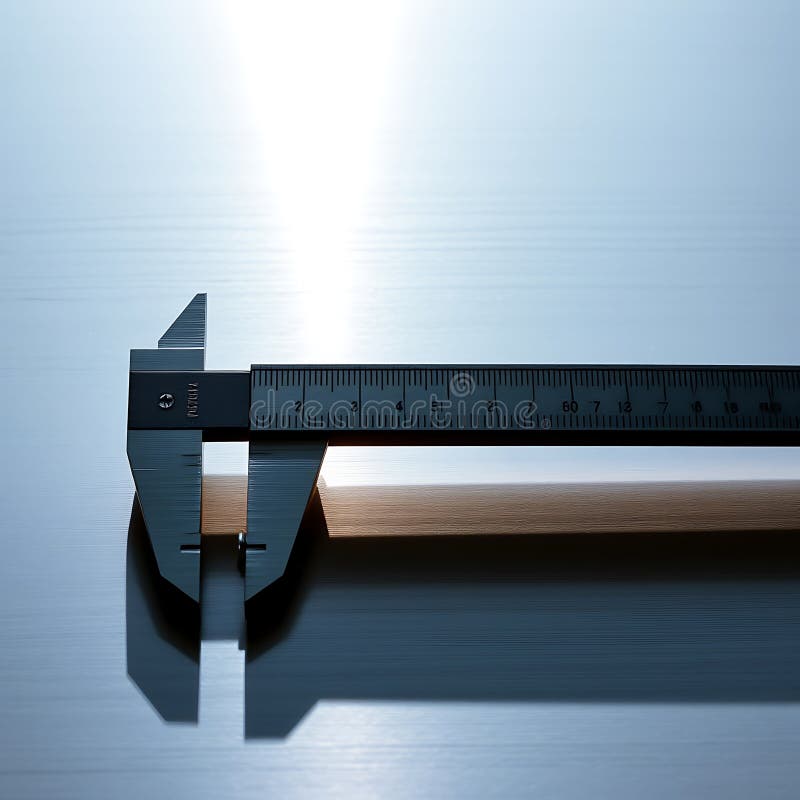 A micrometer on a metallic surface with a gradient light casting shadows showing the precision and detail of its scale, A micrometer on a metallic surface with a gradient light casting shadows showing the precision and detail of its scale