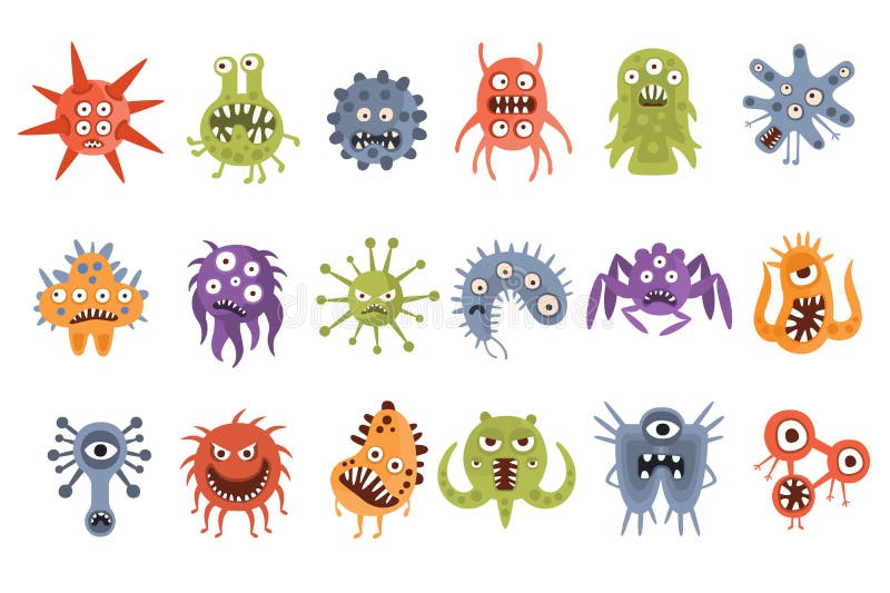 Microorganismos fant?sticos agresivos del monstruo fijados Criaturas hostiles del primitivo brillante del color de diversas forma libre illustration Microorganismos fant?sticos agresivos del monstruo fijados Criaturas hostiles del primitivo brillante del color de diversas forma libre illustration
