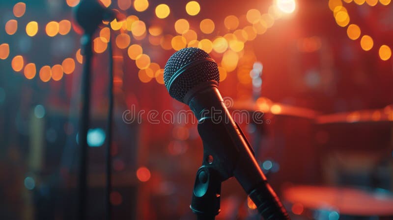 Microphone closeup, bokeh lights, intimate gig vibe , clean sharp focus royalty free illustration