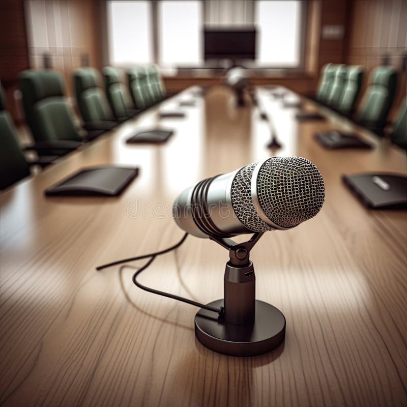 Microphone at Conference Table in Meeting Room,AI Generated Stock