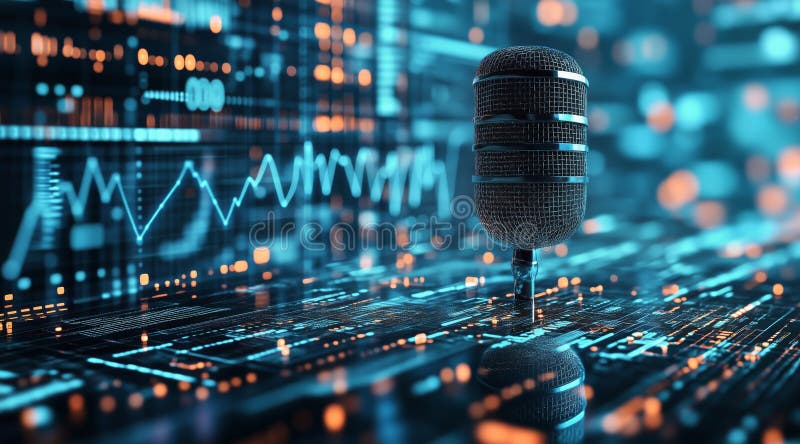 Microphone in Digital Environment With Neon Lights and Abstract Patterns at Night stock image