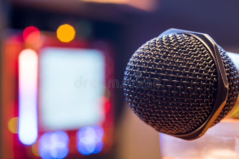 Microphone in a Karaoke Bar. Stock Image - Image of broadcast, monitor:  168534455