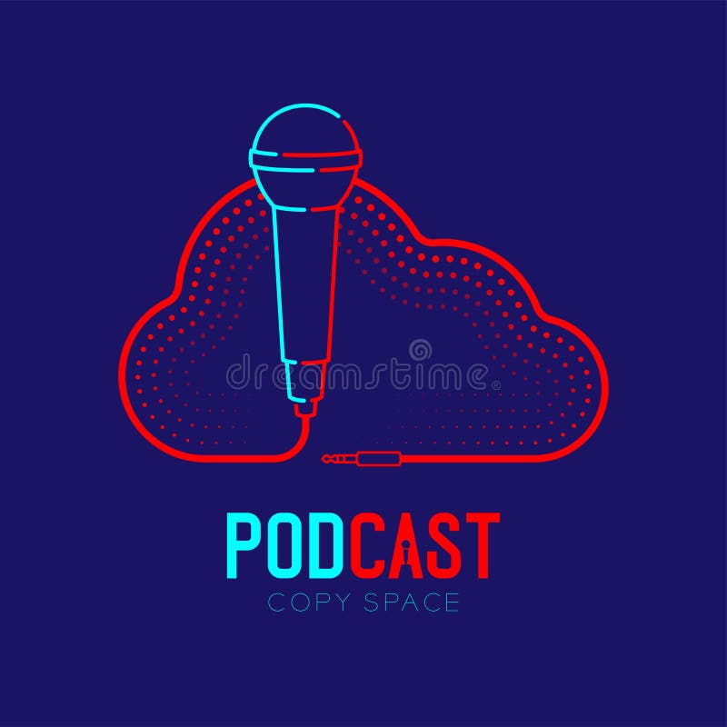 Microphone logo icon outline stroke with Cloud shape frame cable dash line design, podcast internet radio program concept vector illustration