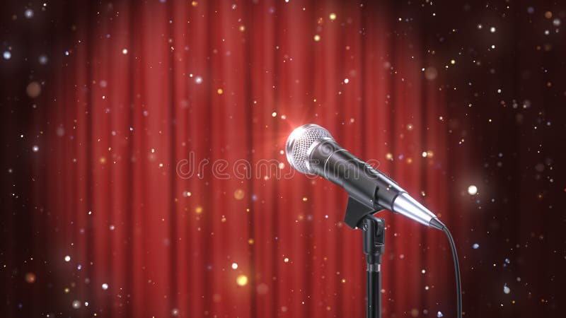 Microphone with Magic Particles against Blurred Red Curtains Background, 3d Render.