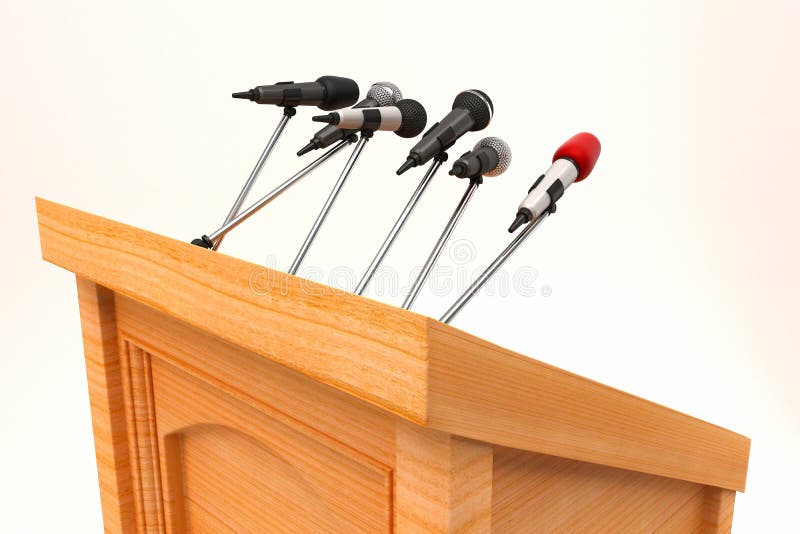 Illustration of microphones on podium for adressing public. Conference podium illustrations