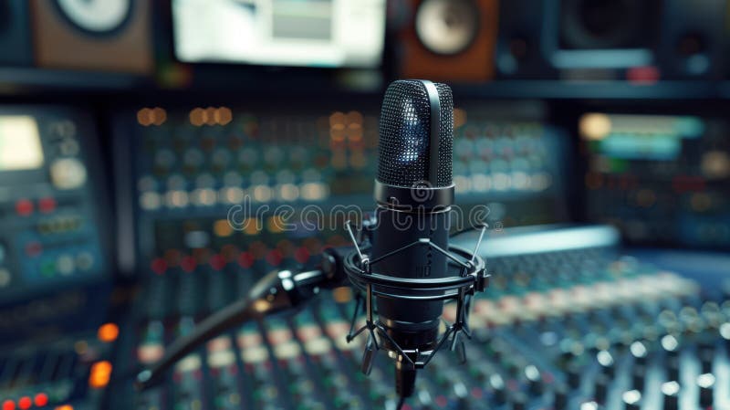 The microphone in recording studio. AI generated image. High-quality microphone setup in a professional recording studio with control panels.
