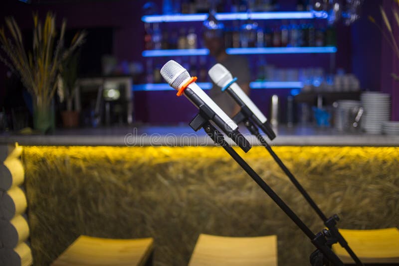 Microphone in restaurant stock photo. Image of blue 116207704