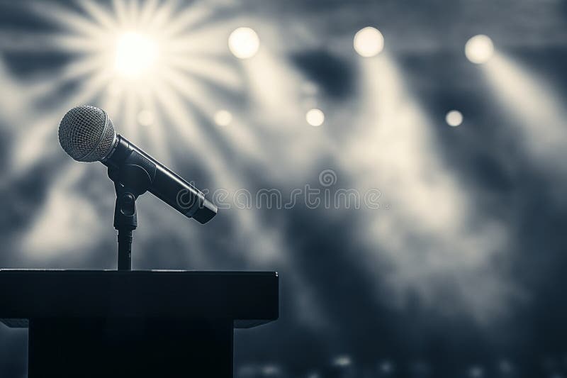 Microphone on stage with bright lights in the background stock image
