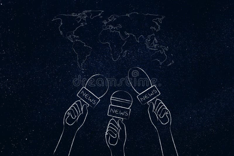 Microphones de journalistes sur la carte du monde, le reportage et les titres Co illustration de vecteur Microphones de journalistes sur la carte du monde, le reportage et les titres Co illustration de vecteur