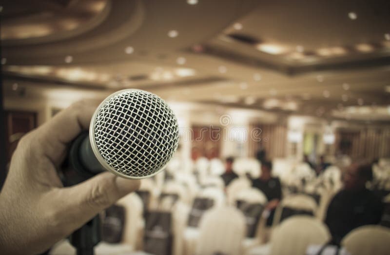 Microphones in Seminar Room, Talking Speech in Conference Hall L Stock