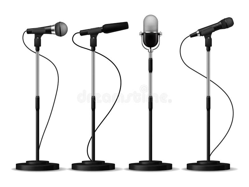 Microphones on stands. Stage standing microphones, studio mic for singing with counters. Concert audio equipment vector royalty free illustration