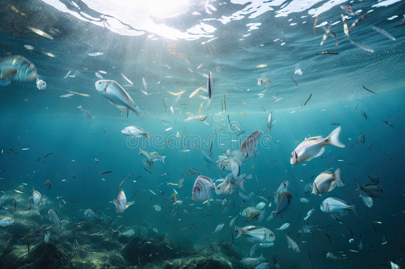 Microplastics in the Ocean, with Fish Swimming Amongst Them Stock Image
