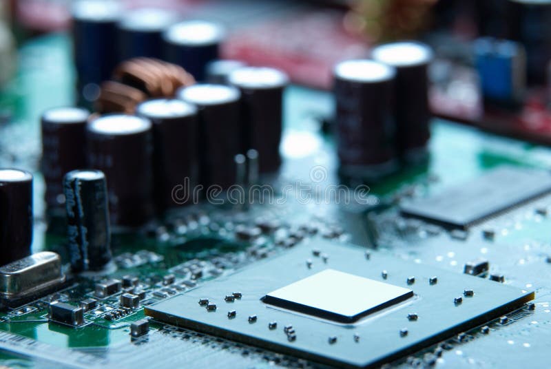 Microprocessor with motherboard background. Computer board chip circuit. Microelectronics hardware concept. stock images Microprocessor with motherboard background. Computer board chip circuit. Microelectronics hardware concept. stock images