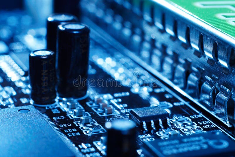 Microprocessor with motherboard background. Computer board chip circuit. Microelectronics hardware concept. royalty free stock images Microprocessor with motherboard background. Computer board chip circuit. Microelectronics hardware concept. royalty free stock images