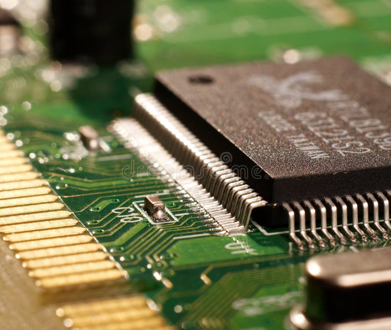 Microprocessor with motherboard background. Computer board chip circuit. Microelectronics hardware concept. royalty free stock photography Microprocessor with motherboard background. Computer board chip circuit. Microelectronics hardware concept. royalty free stock photography