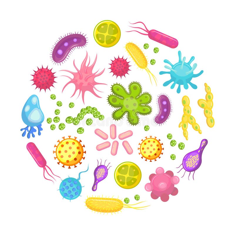 Microrganismo, batteri, cellula del virus, batterio di malattia e cellule dei funghi Micro organismo, malattie e fumetto dei viru illustrazione vettoriale
