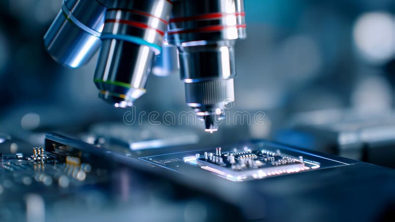 Microscope analyzing microchip, advanced technological research in laboratory vector illustration