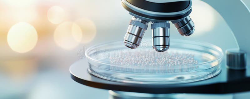 Microscope avancé se concentrant sur une culture cellulaire avec une boîte de Pétri et la croissance cellulaire détaillée croissan photo stock