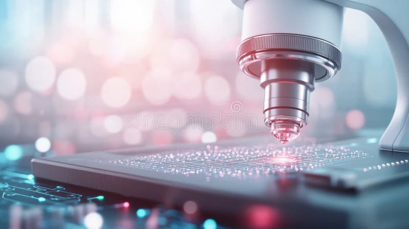 Microscope focalisé sur carte de circuit numérique avec fond de bokee abstrait. Photo de haute qualité générée par l'IA