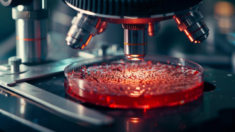 A microscope focuses on samples in a petri dish against a lab backdrop. AI generated image.