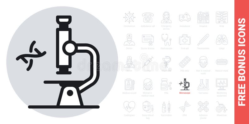 Microscope icon. Laboratory equipment concept. Simple black and white version. Free bonus icons kit included