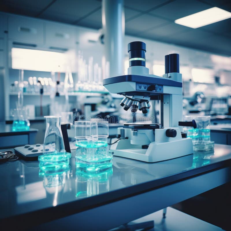 A Microscope with Lab Glassware in Modern Medical Laboratory Stock ...