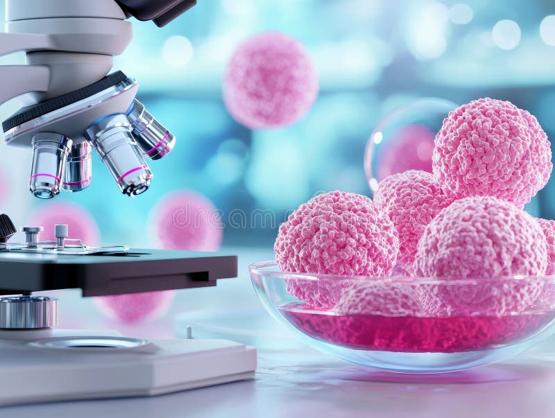 A microscope and petri dish displaying an array of colorful microorganisms in a laboratory. vector illustration