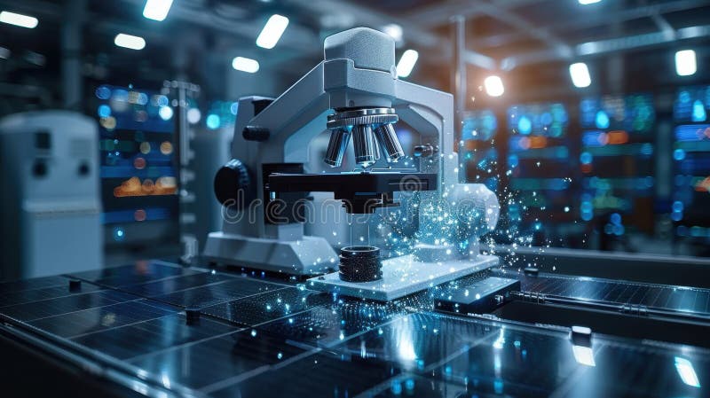 The microscope is on the table. A modern microscope in a research laboratory stock photo