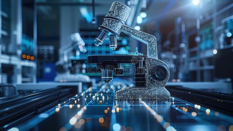 The microscope is on the table. A modern microscope in a research laboratory stock photography