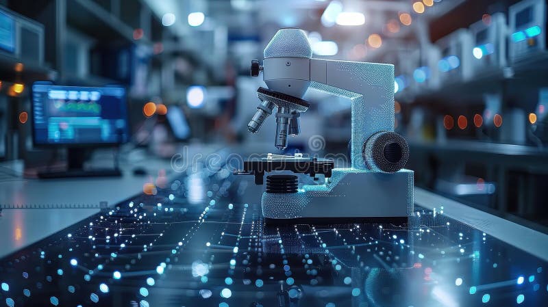 The microscope is on the table. A modern microscope in a research laboratory royalty free stock photography