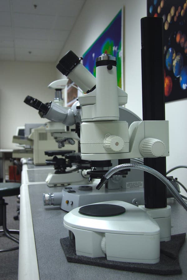 Microscopes in a lab. White lab environment stock images, royalty-free photos and pictures