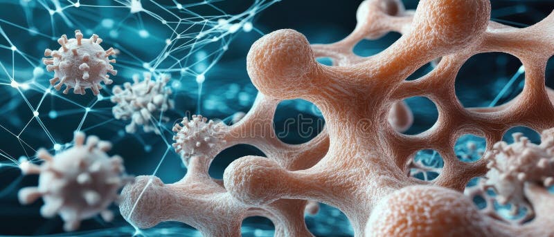 Microscopic biological organisms interacting within a complex network structure, illustrating life science and molecular biology royalty free stock photos