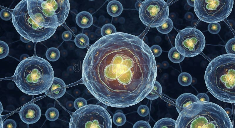 Microscopic Cellular Network Detailed Render of Interconnected Cells with Glowing Nuclei Depicting Scientific Research and vector illustration