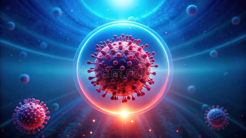 Microscopic exploration a detailed render of a viral particle within a protective cellular sphere, illuminated by radiant energy. stock illustration