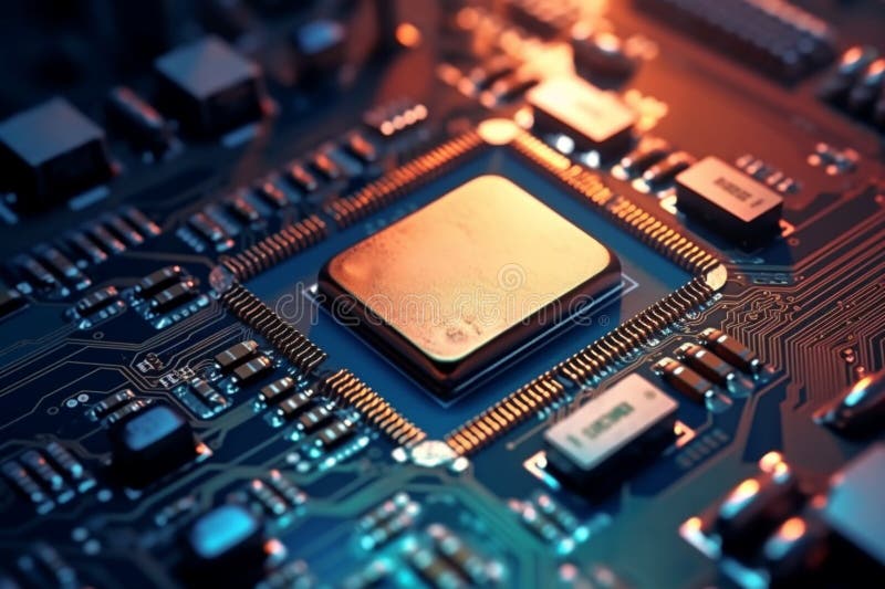 Microscopic focus on computer processor within the motherboard. vector illustration