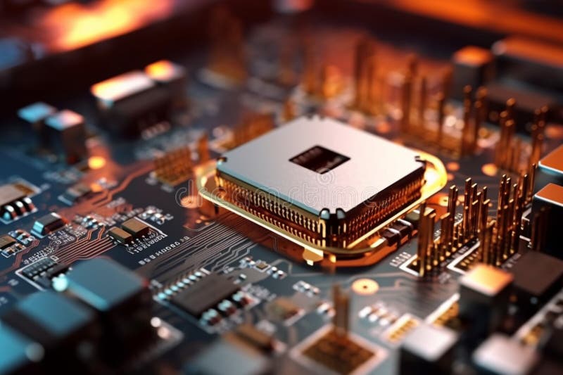Microscopic focus on computer processor within the motherboard. stock illustration