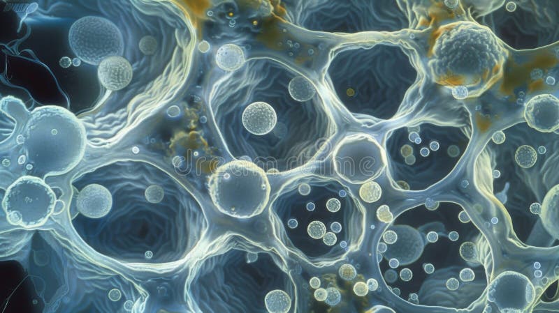 A microscopic image of a bacterial microcolony with s of spherical bacterial cells tightly packed together. The cells stock photos