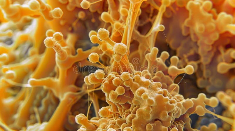In this microscopic image a colony of bacteria can be seen deeply embedded in a layer of biofilm on the surface of a stock image