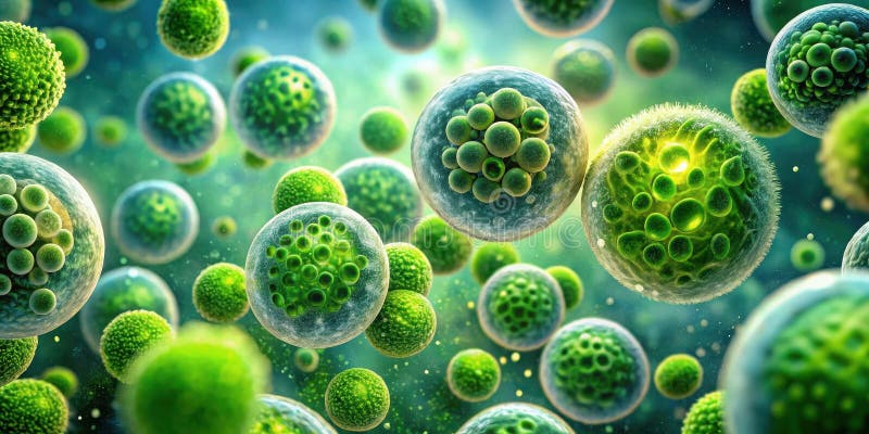 Microscopic spheres a detailed visualization of cellular structures in a vibrant green hue. Generative AI stock illustration
