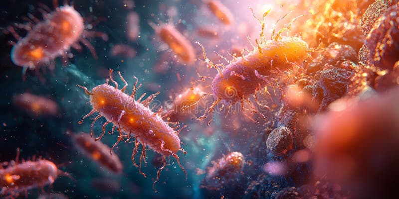 Microscopic view of bacteria and particles in a glowing liquid environment. Generative. Membrane diffusion stock images, royalty-free photos and pictures