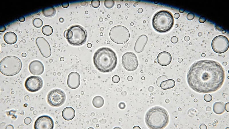 Microscopic view of biological cells and droplets in a fluid medium under brightfield illumination stock illustration