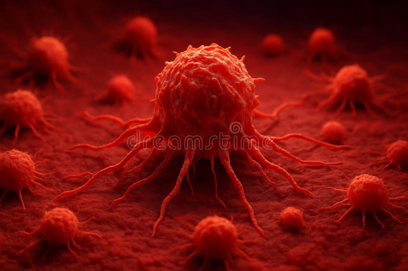 Microscopic view of cancer cells multiplying and spreading on a tissue surface, representing the aggressive nature of tumor growth royalty free illustration