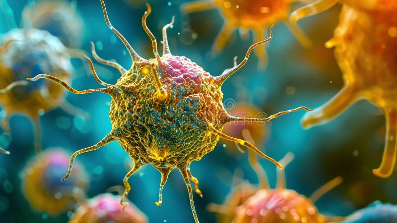 Microscopic view of cancer cells spreading and multiplying rapidly stock illustration