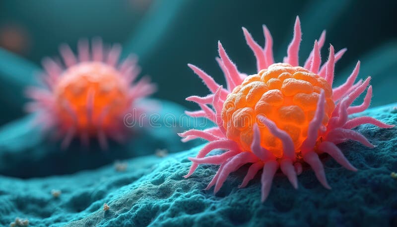 Microscopic view of cancerous cells, showing irregular growth and textured surfaces. These cells show spiky outer structures royalty free illustration