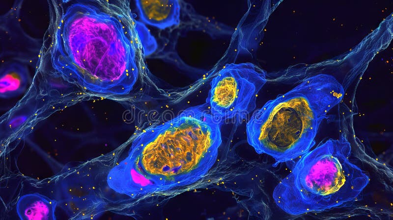 Microscopic view of cells, bacteria and viruses. Pathogens and microscopic organisms. Vibrant biomedical background royalty free stock image