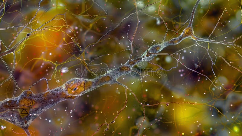 A microscopic view of a developing synapse with excess branches being pruned away to create a more streamlined network. AI generated