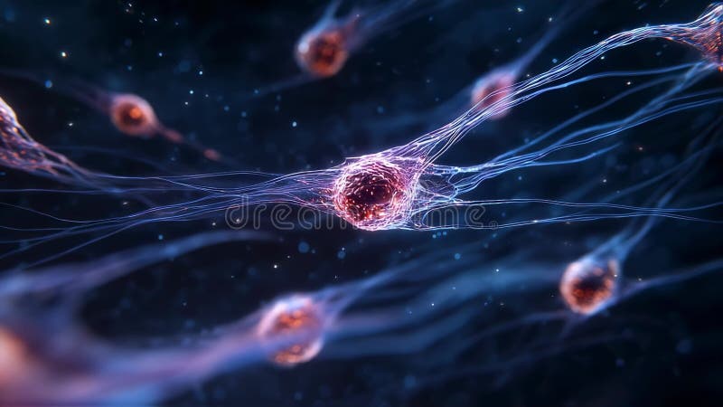 Microscopic view of fluorescent stem cells migrating from marrow cores into bloodstream vessels stock illustration